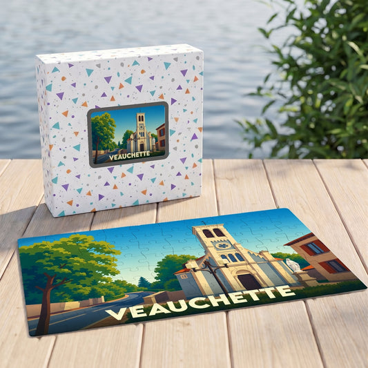 Puzzle souvenir de la ville de Veauchette avec une illustration stylisée de son église.