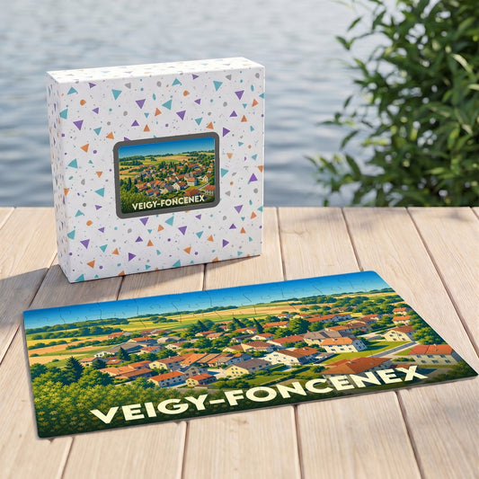 Puzzle souvenir de la ville de Veigy-Foncenex avec une illustration stylisée et colorée.