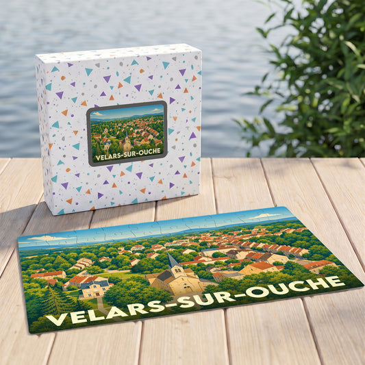 Puzzle souvenir de la ville de Velars-sur-Ouche avec une illustration panoramique colorée.
