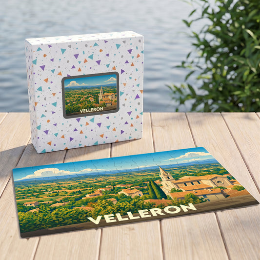 Puzzle souvenir de la ville de Velleron avec une illustration panoramique stylisée.