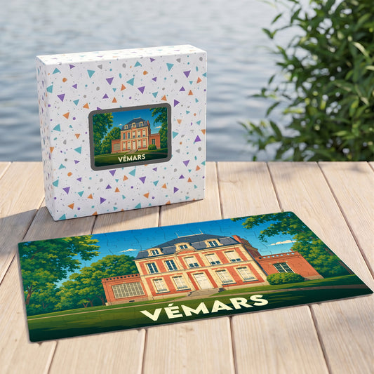 Puzzle souvenir de la ville de Vémars avec une illustration stylisée d'un château.