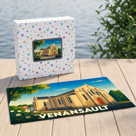 Puzzle souvenir de la ville de Venansault avec une illustration stylisée de son église.