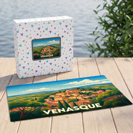 Puzzle souvenir de la ville de Venasque illustré d'un paysage provençal stylisé.