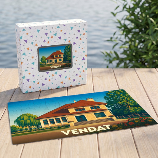 Puzzle souvenir de la ville de Vendat illustrant une maison sous un ciel bleu.