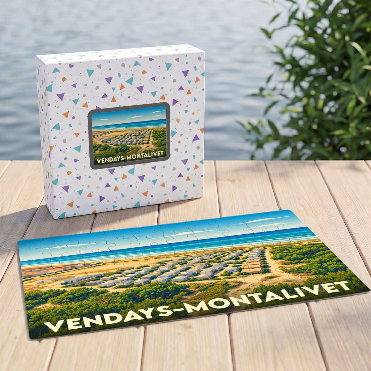 Puzzle souvenir de la ville de Vendays-Montalivet avec une illustration stylisée du littoral.