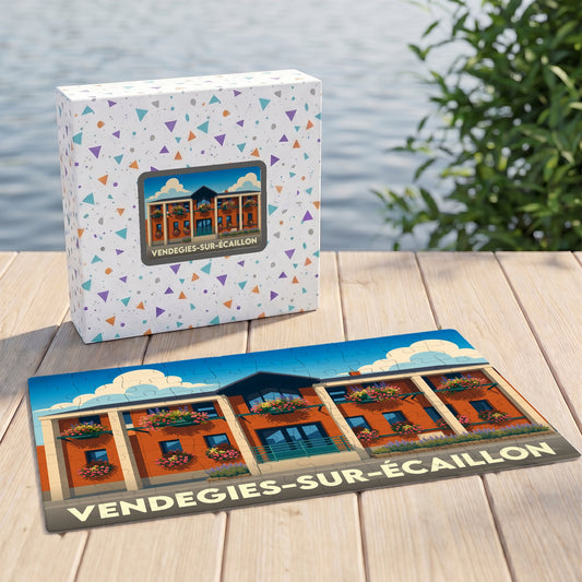 Puzzle souvenir de la ville de Vendegies-sur-Écaillon avec une illustration stylisée de sa mairie fleurie.