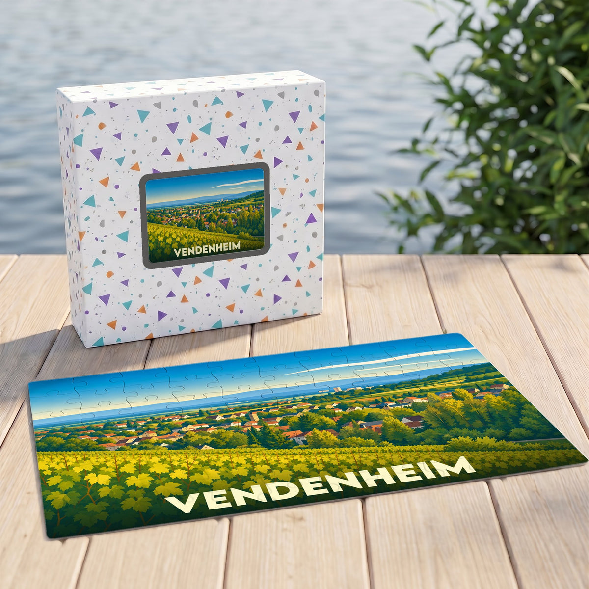Puzzle souvenir de la ville de Vendenheim avec une illustration de paysages alsaciens.