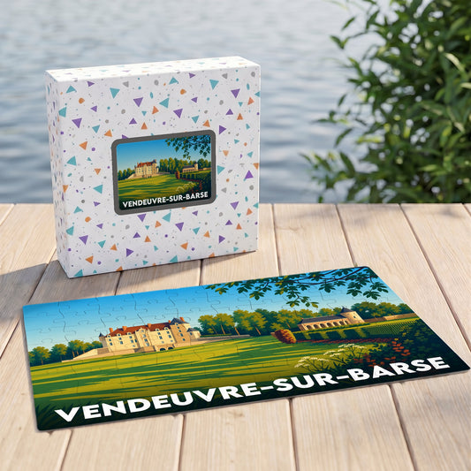 Puzzle souvenir de la ville de Vendeuvre-sur-Barse avec une illustration stylisée d'un château.