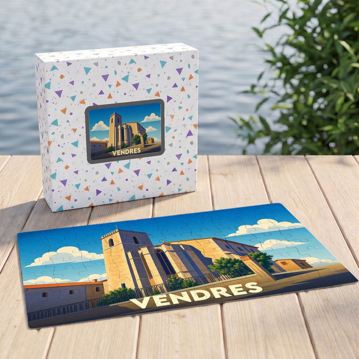 Puzzle souvenir de la ville de Vendres avec une illustration stylisée de son église.