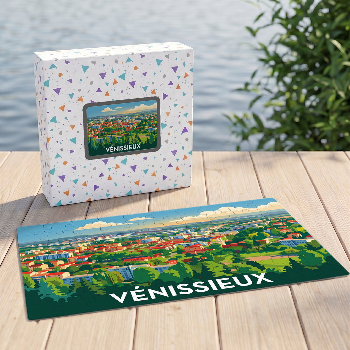 Puzzle souvenir de la ville de Vénissieux avec une illustration panoramique stylisée et colorée.