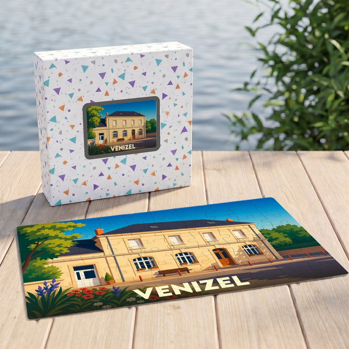 Puzzle souvenir de la ville de Venizel avec une illustration stylisée d'un bâtiment historique.