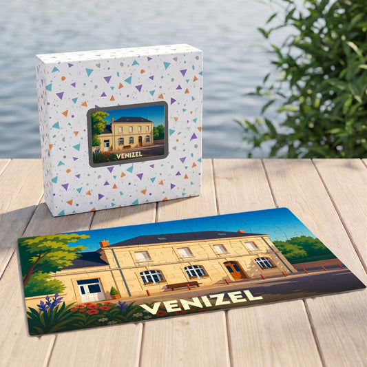 Puzzle souvenir de la ville de Venizel avec une illustration stylisée d'un bâtiment historique.