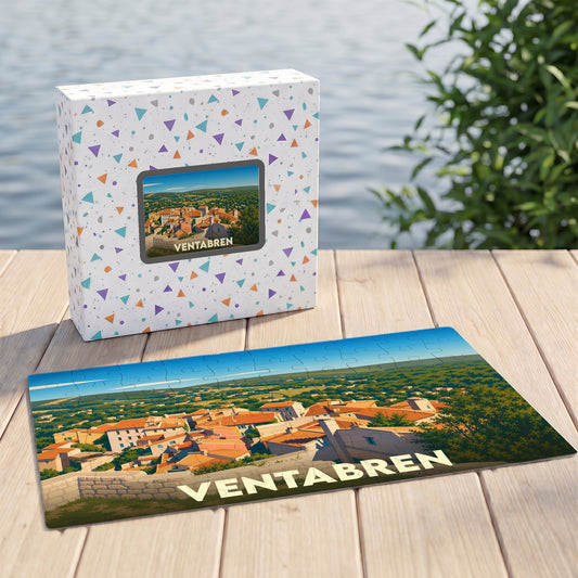 Puzzle souvenir de la ville de Ventabren avec une illustration stylisée d'un village provençal.