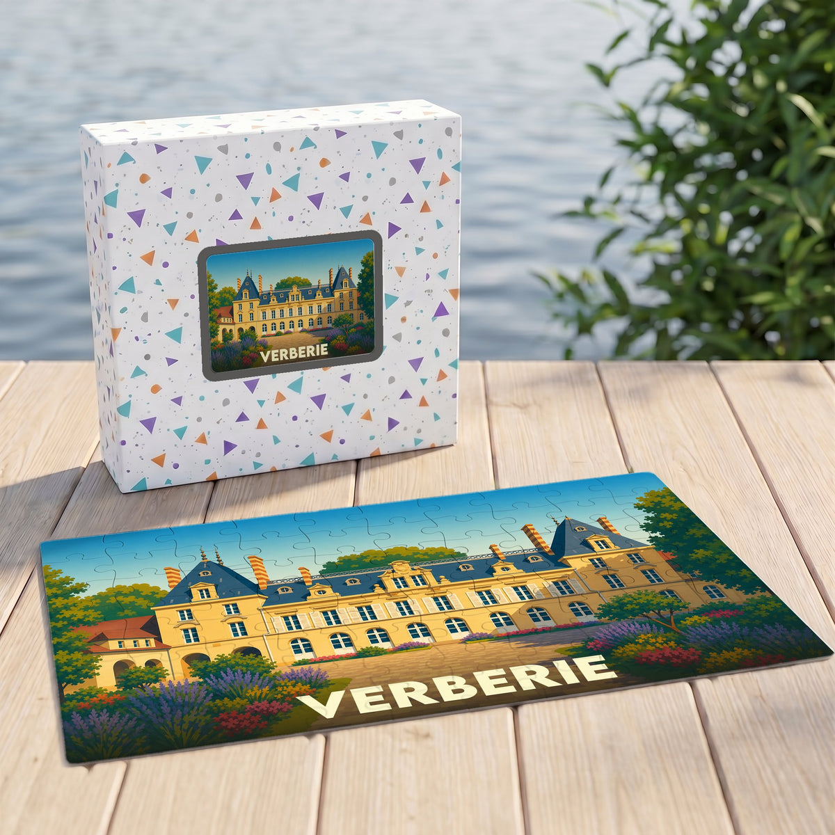 Puzzle souvenir de la ville de Verberie présentant une illustration stylisée d'un château avec son emballage assorti.