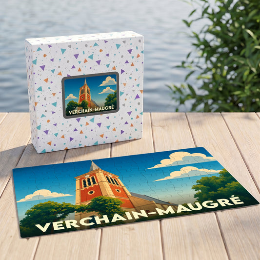 Puzzle souvenir de la ville de Verchain-Maugré avec une illustration stylisée de son église.