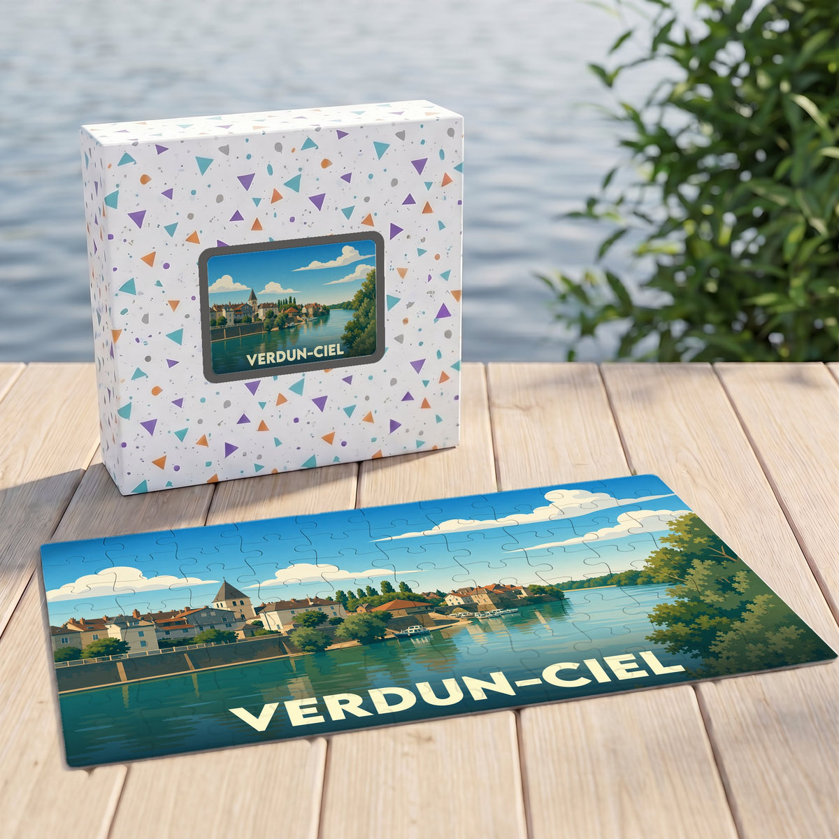 Puzzle souvenir de la ville de Verdun-Ciel avec une illustration stylisée d'un paysage fluvial.