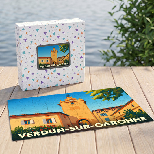Puzzle souvenir de la ville de Verdun-sur-Garonne avec une illustration stylisée et colorée de son architecture historique.