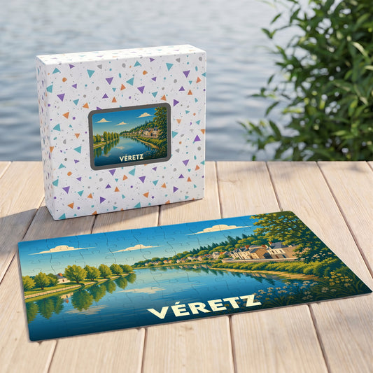Puzzle souvenir de la ville de Véretz avec une illustration stylisée d'un paysage de bord de rivière.