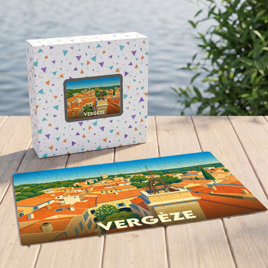 Puzzle souvenir de la ville de Vergèze avec une illustration stylisée de ses toits.