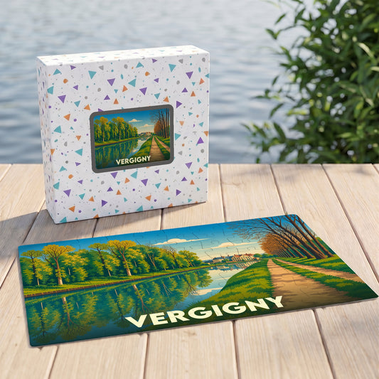 Puzzle souvenir de la ville de Vergigny avec une illustration stylisée d'un canal bordé d'arbres.