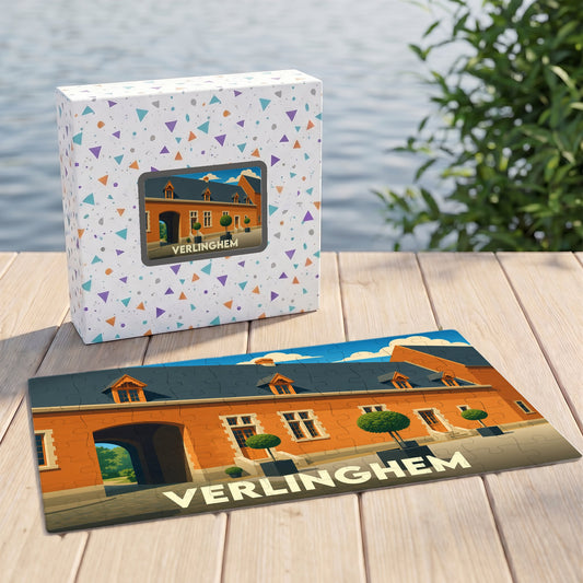 Puzzle souvenir de la ville de Verlinghem avec une illustration stylisée de son architecture.