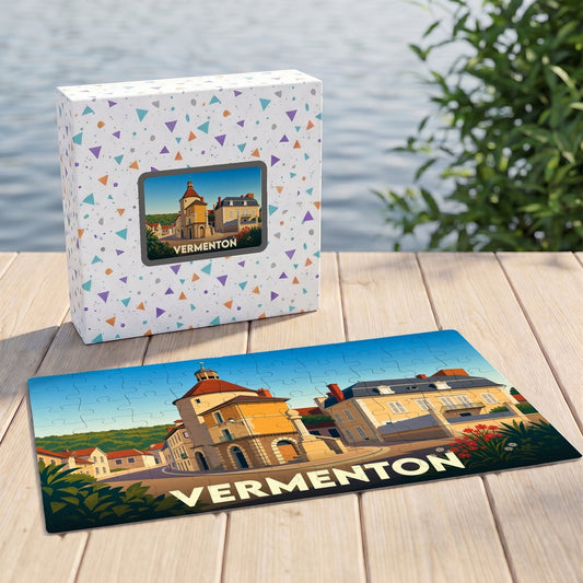 Puzzle souvenir de la ville de Vermenton avec une illustration stylisée et colorée.