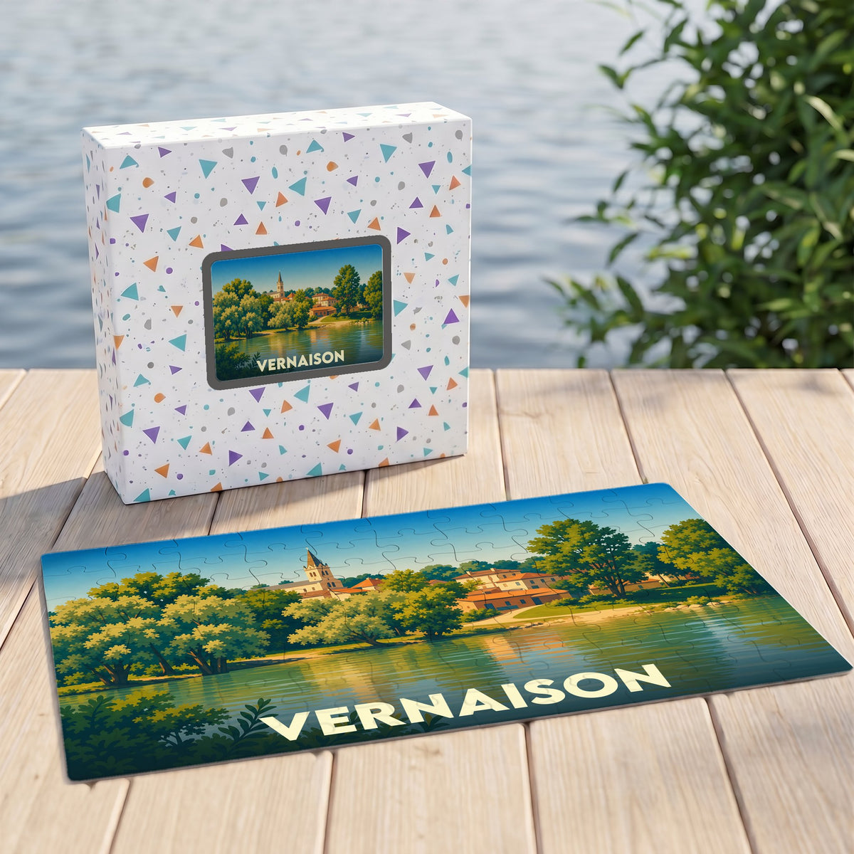 Puzzle souvenir de la ville de Vernaison avec une illustration paysagère stylisée.