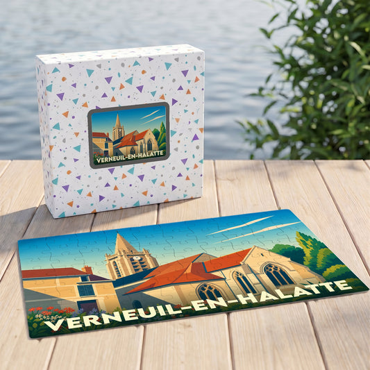 Puzzle souvenir de la ville de Verneuil-en-Halatte avec une illustration stylisée et colorée de son église.
