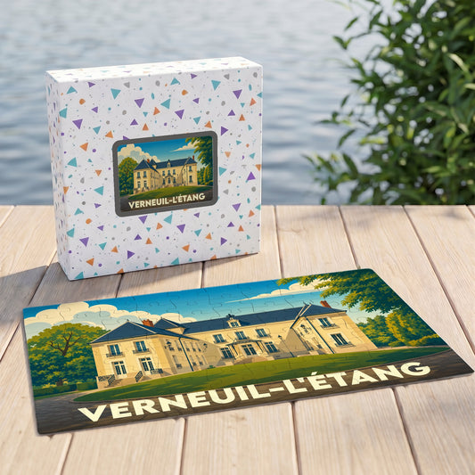 Puzzle souvenir de la ville de Verneuil-l'Étang avec une illustration stylisée de son château.