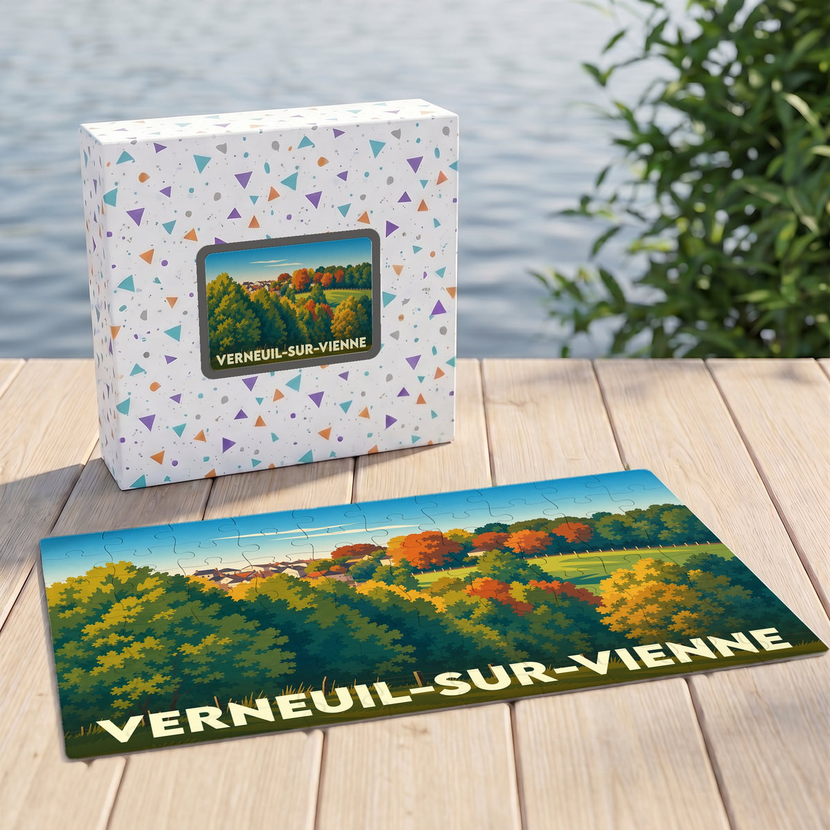 Puzzle souvenir de la ville de Verneuil-sur-Vienne avec une illustration paysagère colorée.