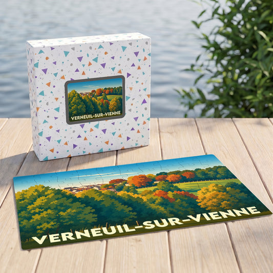 Puzzle souvenir de la ville de Verneuil-sur-Vienne avec une illustration paysagère colorée.