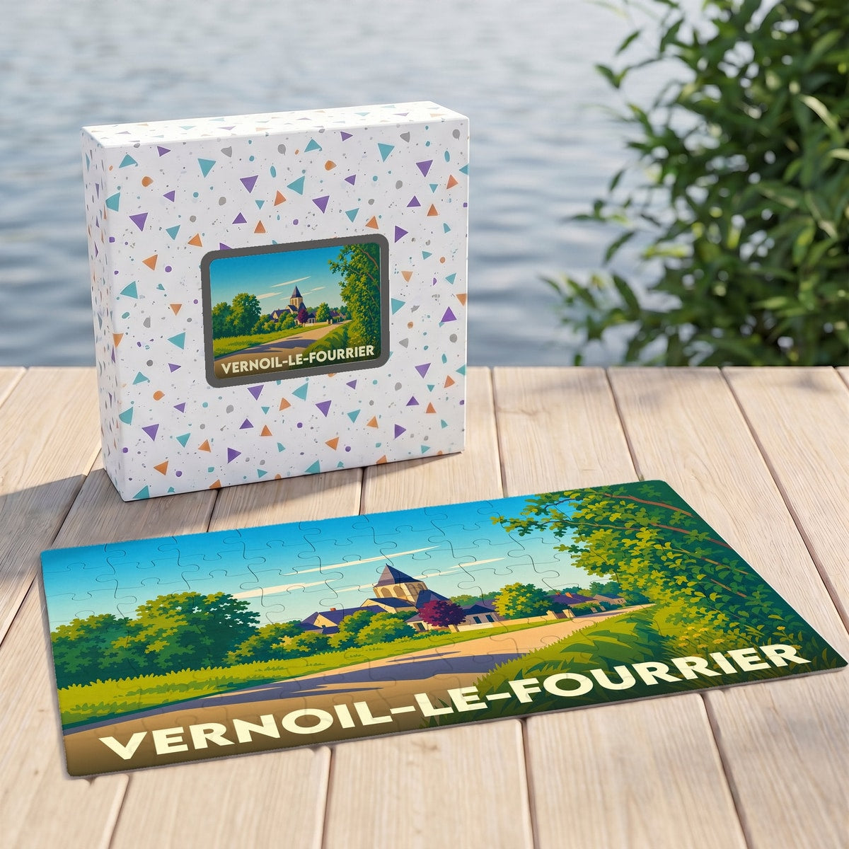 Puzzle souvenir de la ville de Vernoil-le-Fourrier avec une illustration paysagère stylisée.