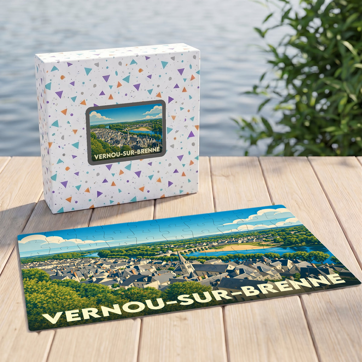 Puzzle souvenir de la ville de Vernou-sur-Brenne avec une illustration stylisée et colorée.