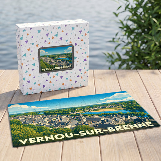 Puzzle souvenir de la ville de Vernou-sur-Brenne avec une illustration stylisée et colorée.