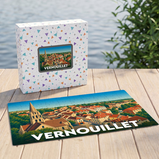 Puzzle souvenir de la ville de Vernouillet avec une illustration panoramique stylisée.