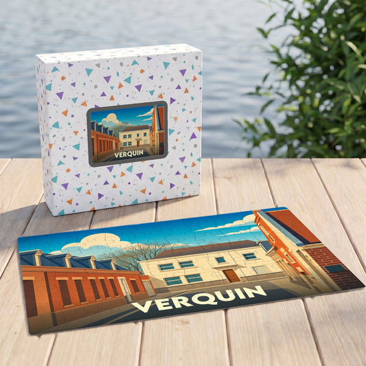 Puzzle souvenir de la ville de Verquin présentant une illustration stylisée de ses rues et bâtiments.
