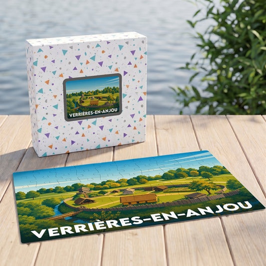 Puzzle souvenir de la ville de Verrières-en-Anjou illustrant un paysage de village médiéval stylisé.