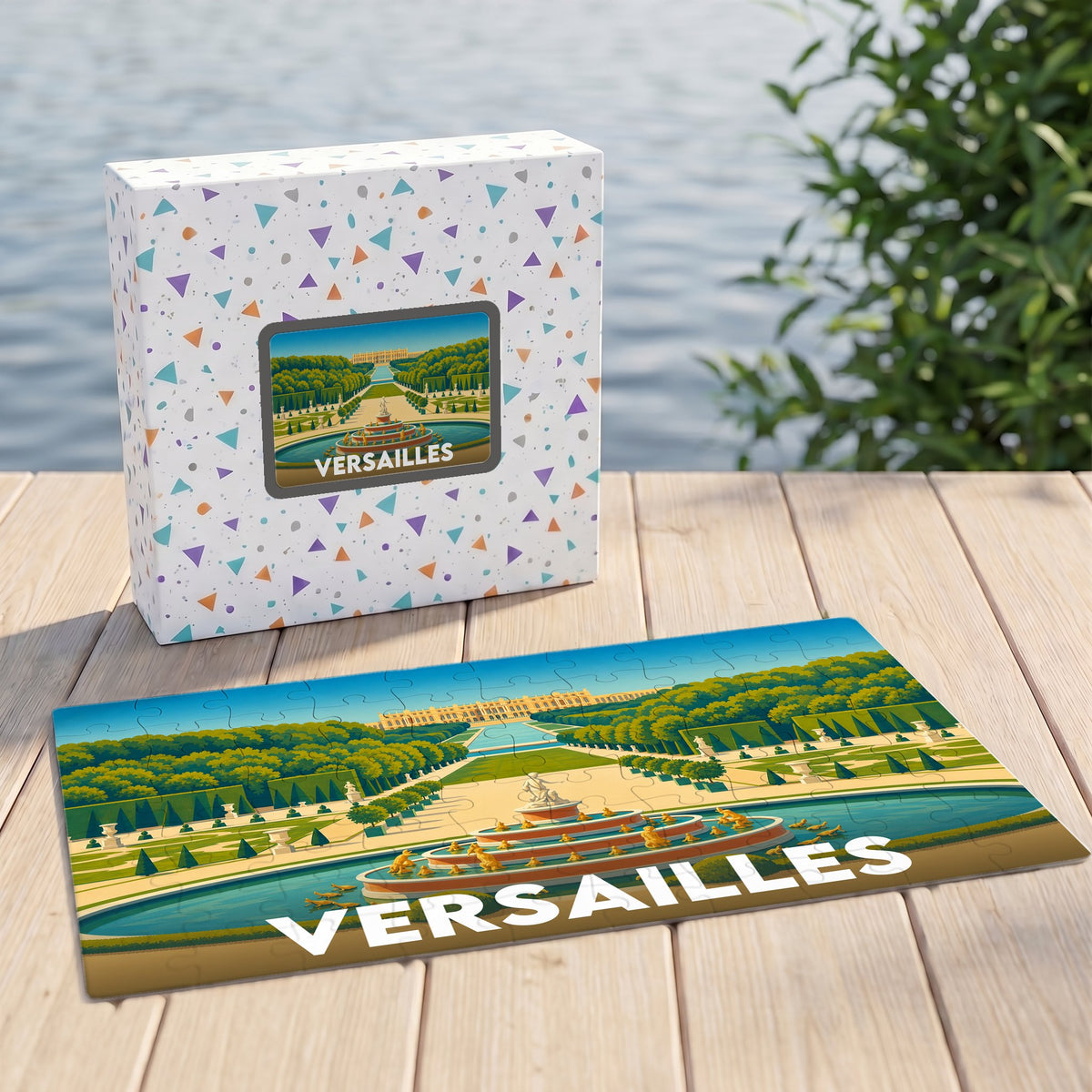 Puzzle souvenir de la ville de Versailles avec une illustration stylisée de ses jardins.