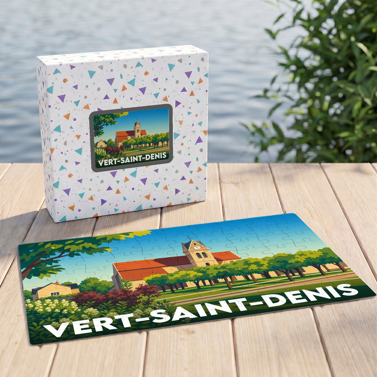 Puzzle souvenir de la ville de Vert-Saint-Denis avec une illustration stylisée d'une église.