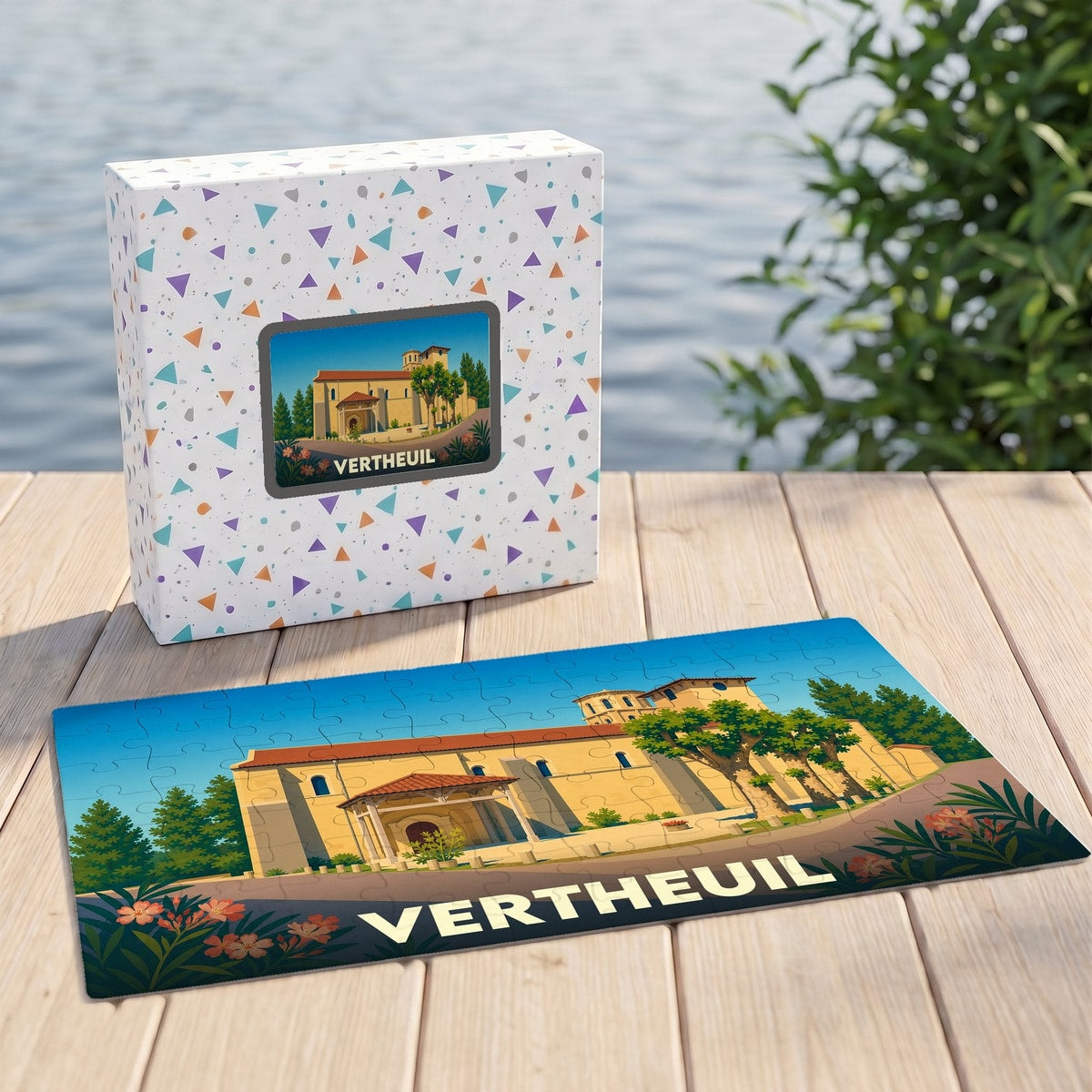 Puzzle souvenir de la ville de Vertheuil avec une illustration stylisée de son abbaye.