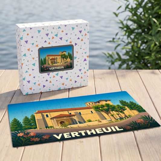 Puzzle souvenir de la ville de Vertheuil avec une illustration stylisée de son abbaye.