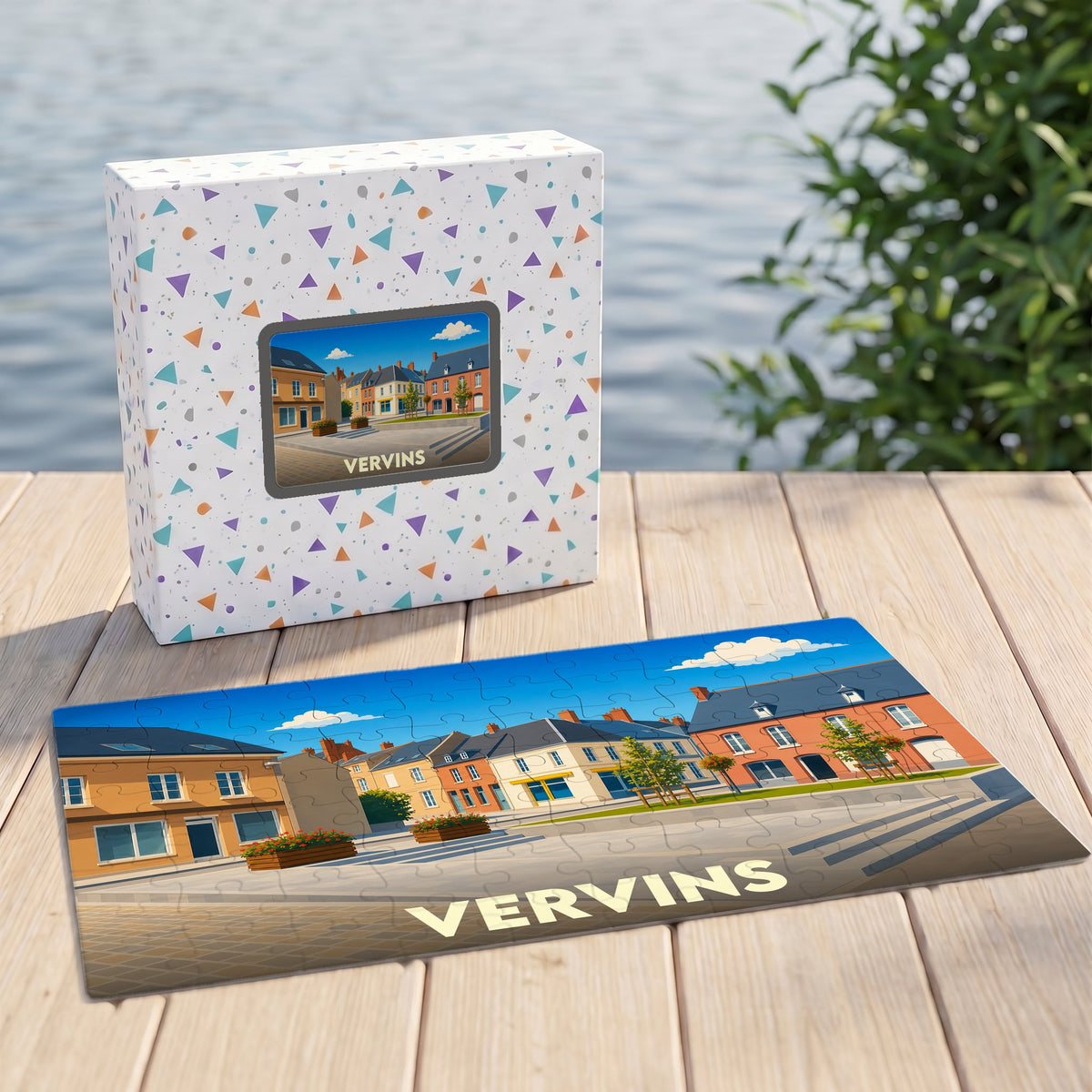 Puzzle souvenir de la ville de Vervins avec une illustration stylisée et sa boîte assortie.