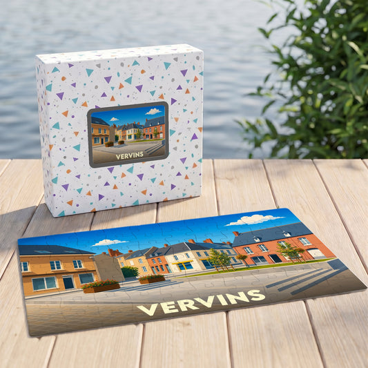 Puzzle souvenir de la ville de Vervins avec une illustration stylisée et sa boîte assortie.