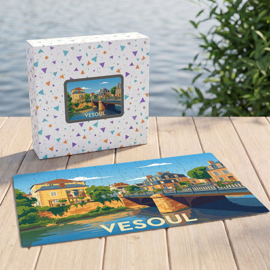 Puzzle souvenir de la ville de Vesoul avec une illustration colorée et stylisée représentant un pont sur une rivière.