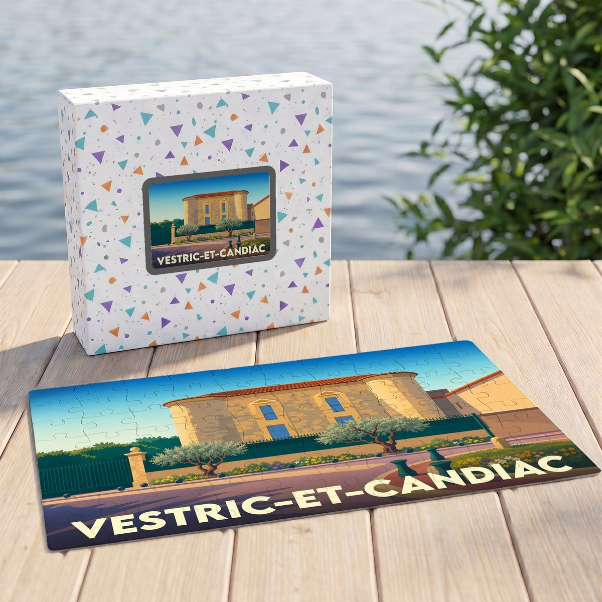 Puzzle souvenir de la ville de Vestric-et-Candiac avec une illustration stylisée de son patrimoine architectural.