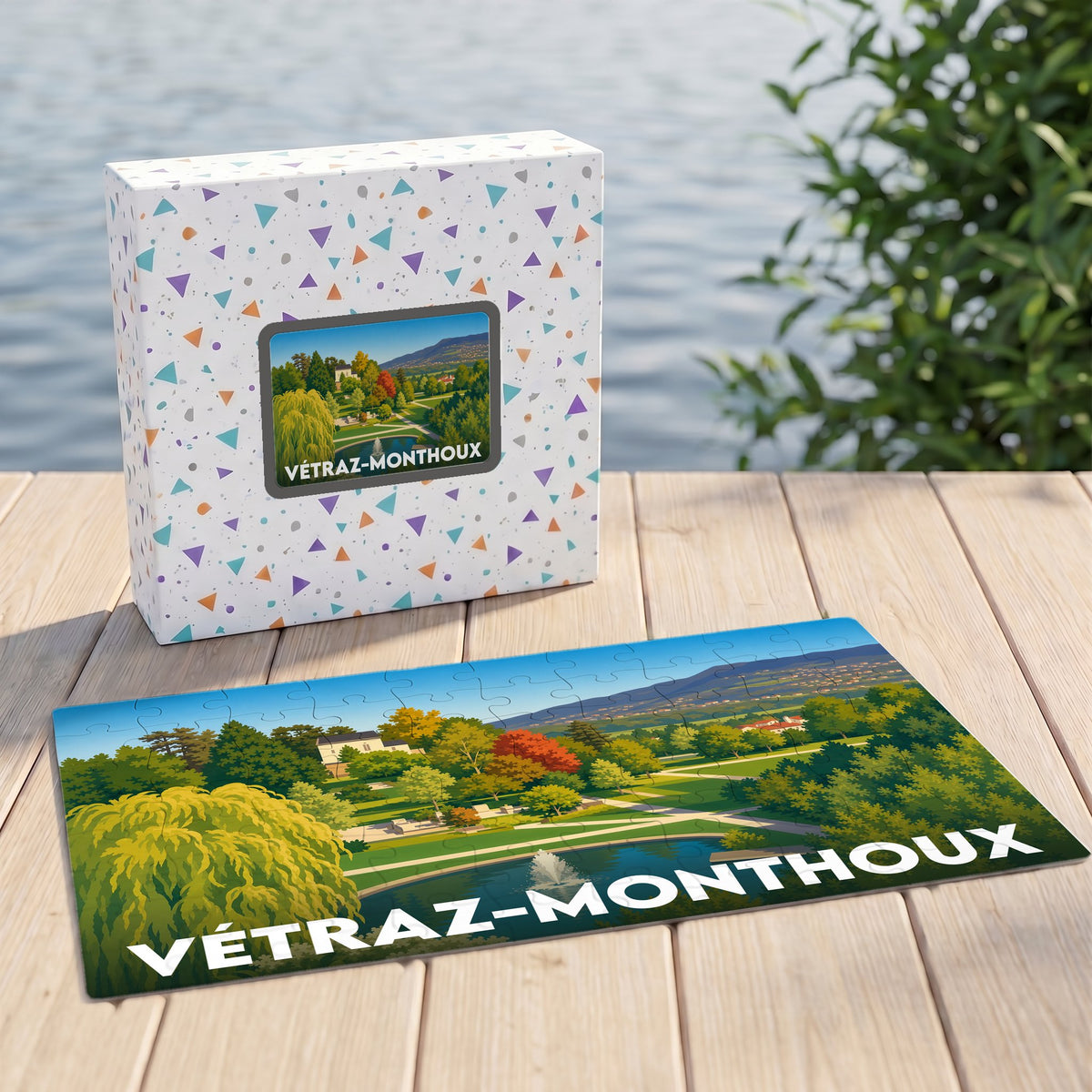 Puzzle souvenir de la ville de Vétraz-Monthoux avec une illustration stylisée d'un parc paysager.
