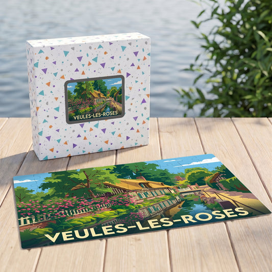 Puzzle souvenir de la ville de Veules-les-Roses avec une illustration stylisée et colorée de ses chaumières au bord de l'eau.