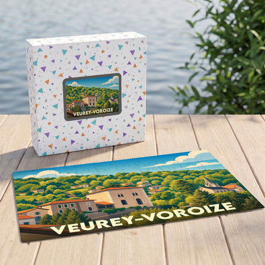Puzzle souvenir de la ville de Veurey-Voroize avec une illustration stylisée de son paysage urbain et verdoyant.