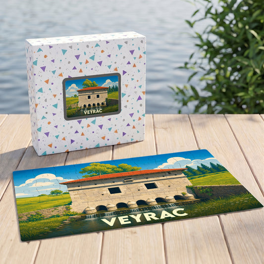 Puzzle souvenir de la ville de Veyrac avec une illustration stylisée d'un pont en pierre.