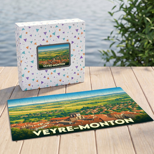 Puzzle souvenir de la ville de Veyre-Monton avec une illustration panoramique stylisée.